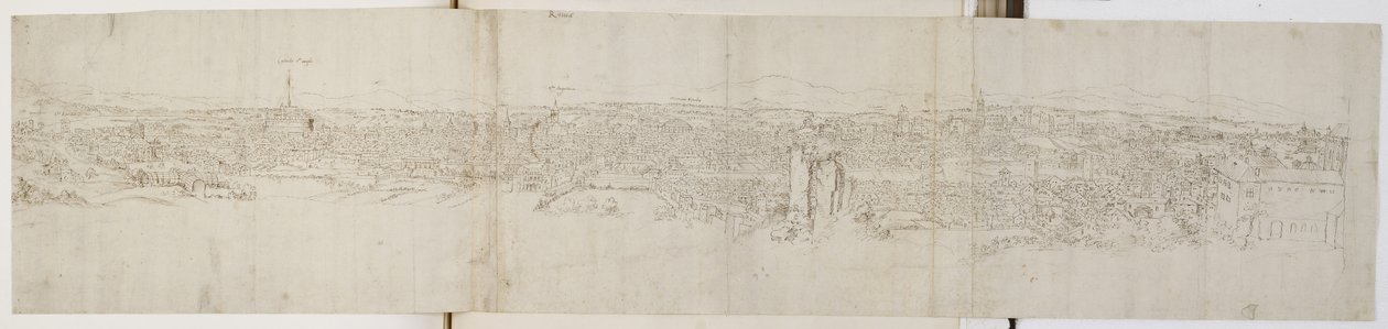 Panoramautsikt över Rom från Monte Janiculus (penna och brunt bläck över svart krita) av Anthonis van den Wyngaerde