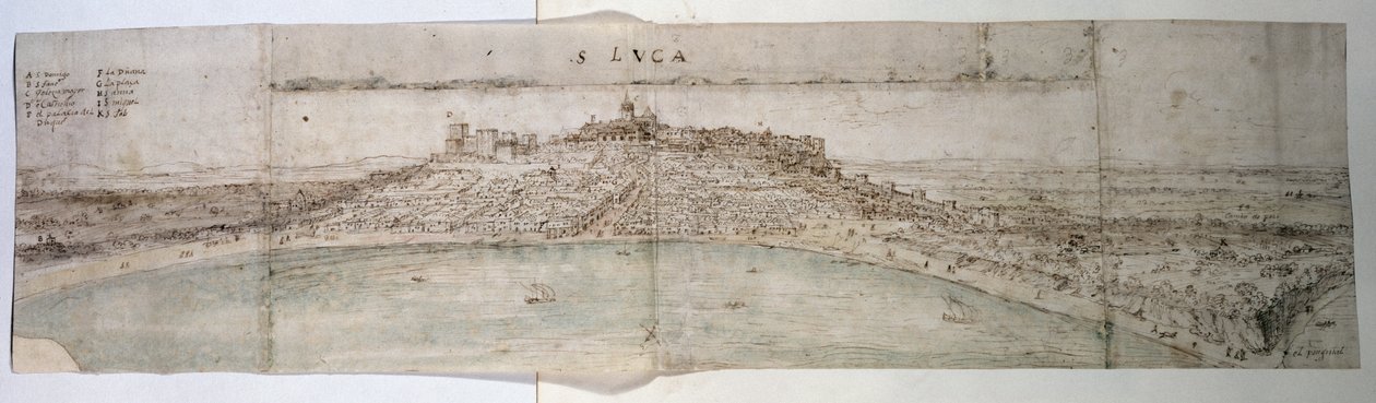 Panoramautsikt över San Lucar de Barrameda och intilliggande landsbygd från sydväst (penna och bläck och wc på papper) av Anthonis van den Wyngaerde