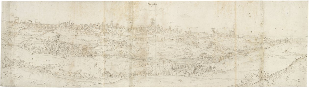 Panoramavy av Segovia från öster (penna och brunt bläck med inslag av blå tvätt över svart krita) av Anthonis van den Wyngaerde