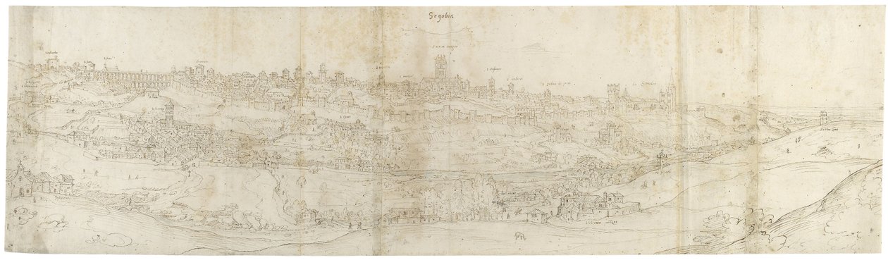 Panoramavy av Segovia från öster (penna och brunt bläck med inslag av blå tvätt över svart krita) av Anthonis van den Wyngaerde