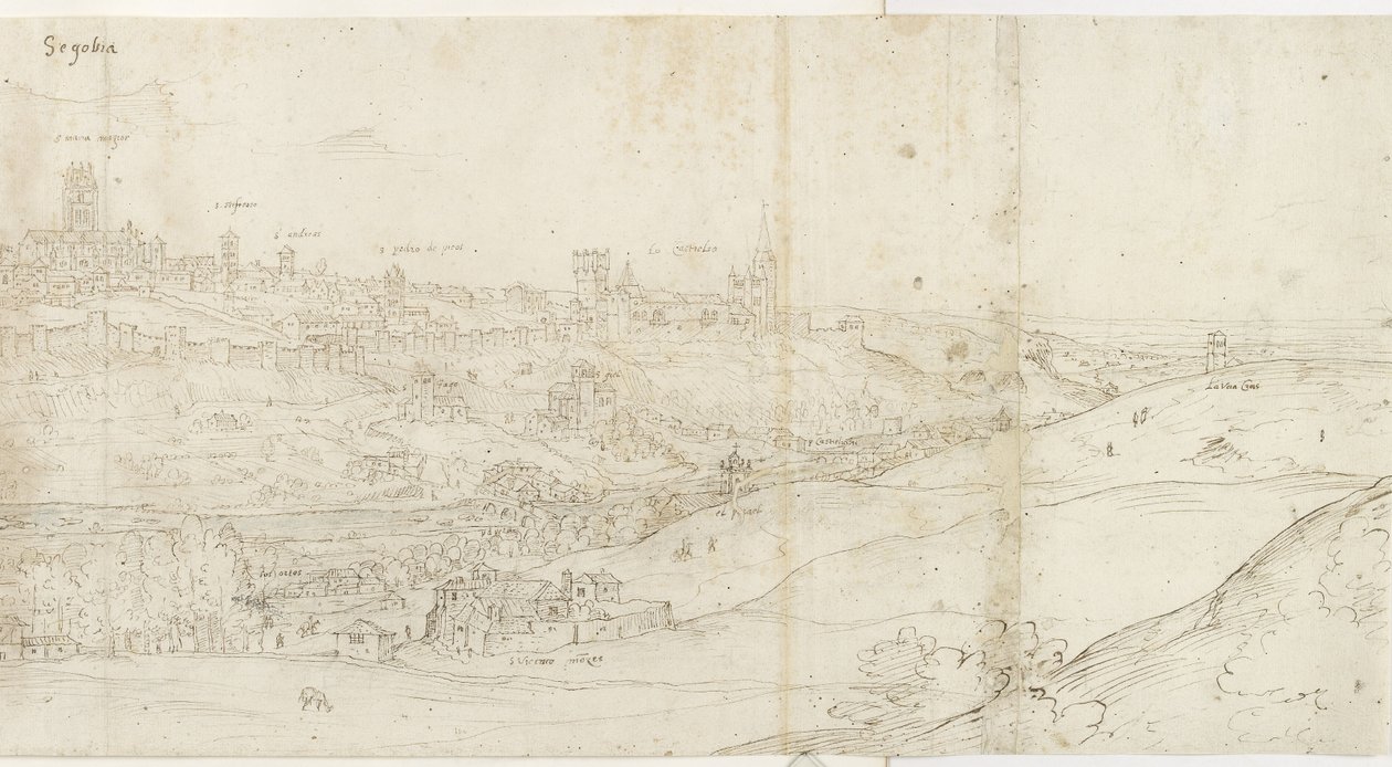 Panoramavy av Segovia från öster (penna och brunt bläck med inslag av blå tvätt över svart krita) av Anthonis van den Wyngaerde