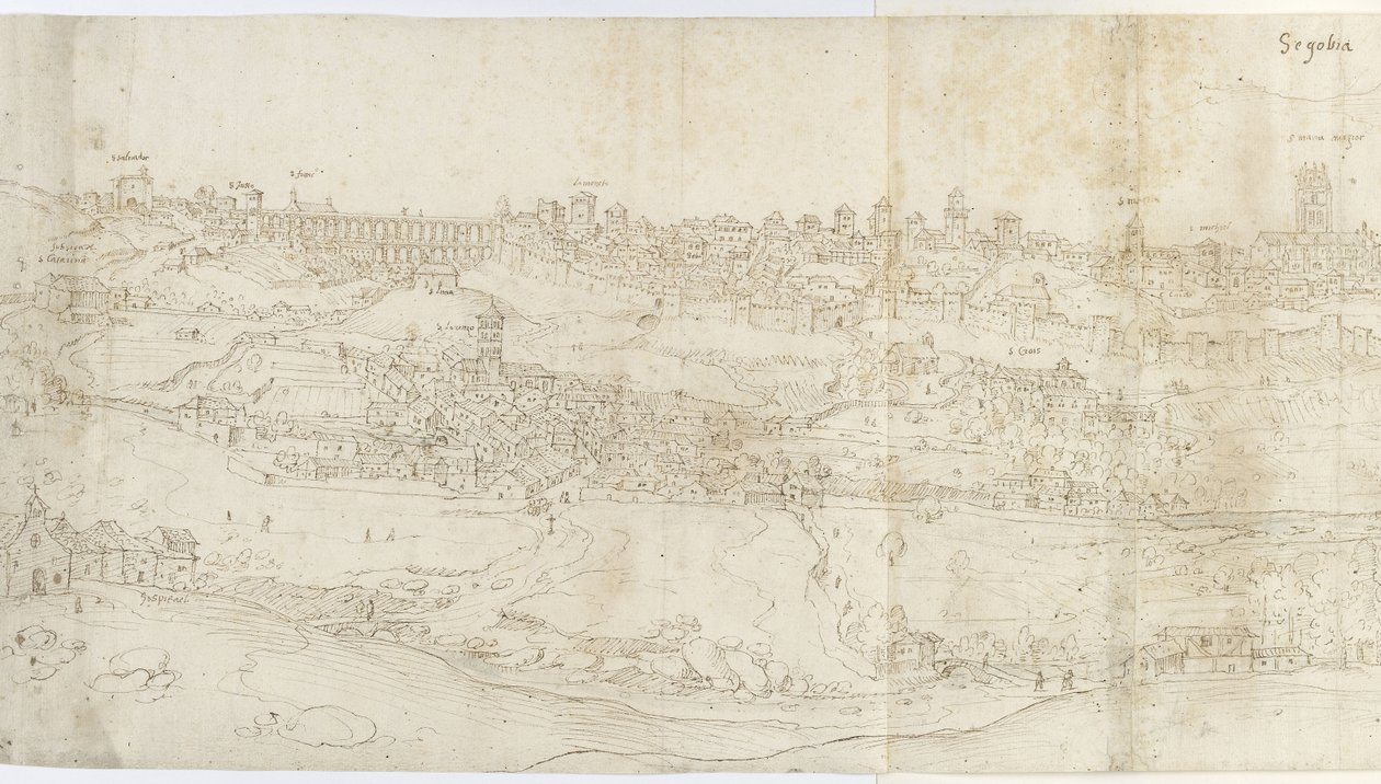 Panoramavy av Segovia från öster (penna och brunt bläck med inslag av blå tvätt över svart krita) av Anthonis van den Wyngaerde