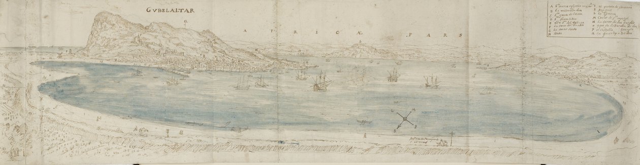Panorama över Gibraltarbukten med utsikt mot staden och den afrikanska kusten (penna och brunt bläck med blå tvätt över svart krita) av Anthonis van den Wyngaerde