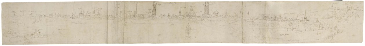 Recto: Förberedande skiss för en vy av Brygge från sydväst, 1558 (penna och brunt bläck över spår av svart krita) av Anthonis van den Wyngaerde