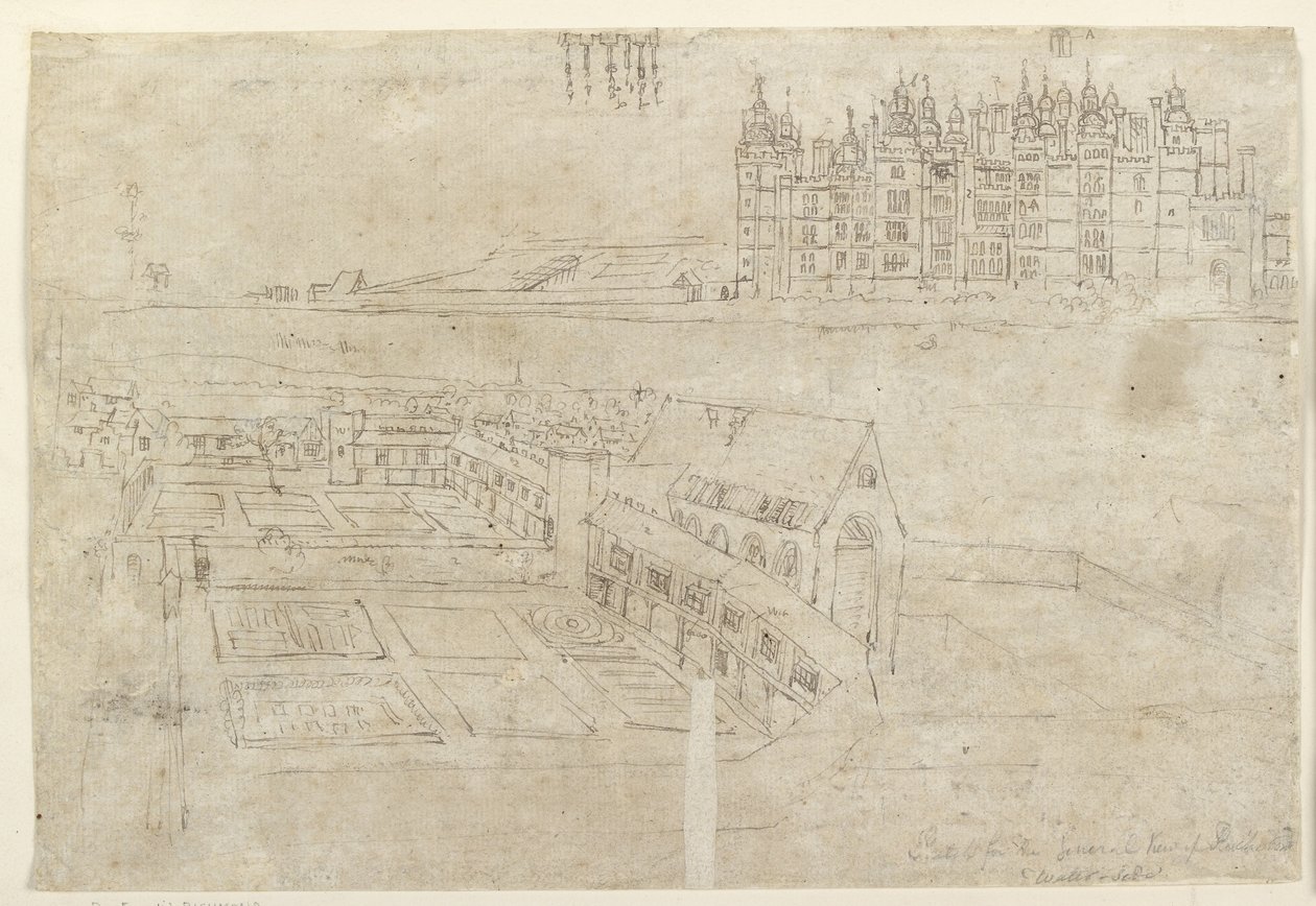 Recto: The River Front of Richmond Palace and Privy Gardens (penna och brunt bläck över svaga markeringar i svart krita) av Anthonis van den Wyngaerde