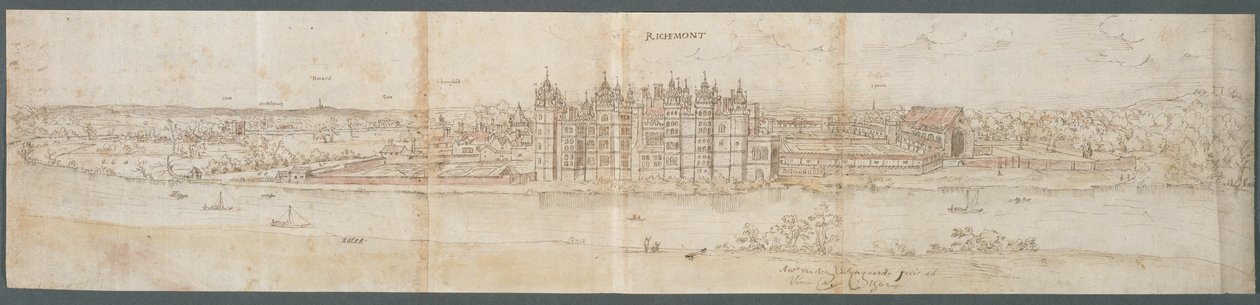 Richmond Palace från andra sidan Themsen, 1562 (penna, bläck och wc på papper) av Anthonis van den Wyngaerde