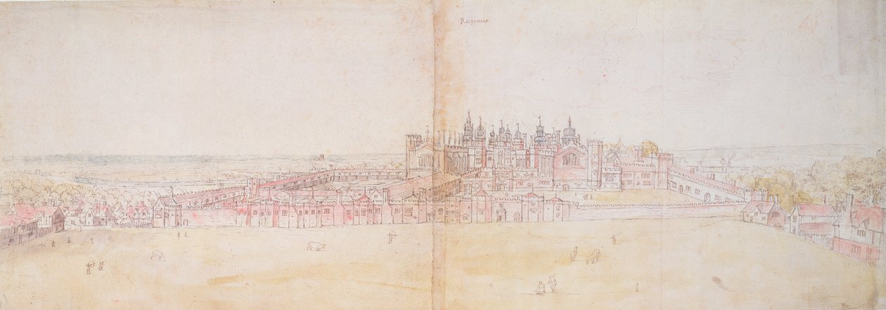 Richmond Palace från nordöstra, 1500-talet (penna och bläck och wc på papper) av Anthonis van den Wyngaerde