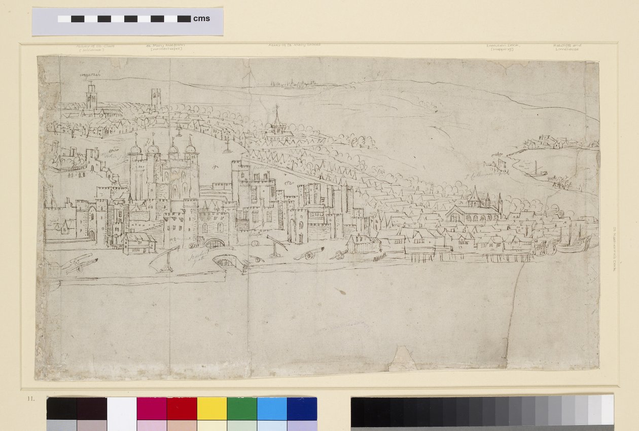Tower of London, från "The Panorama of London", ca 1544 (penna, bläck och krita på papper) av Anthonis van den Wyngaerde