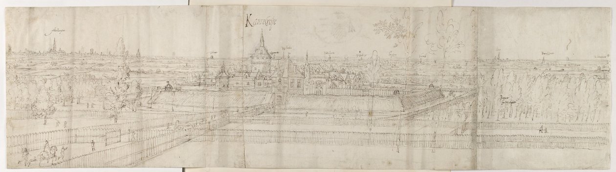 Vy över slottet Cantecroy nära Antwerpen och det omgivande landskapet, 1557-58 (penna och brunt bläck över svart krita) av Anthonis van den Wyngaerde