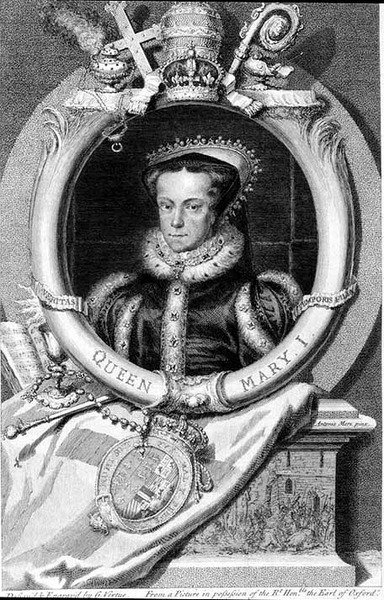 Mary I (1516-58) drottning av England från 1553, graverad av George Vertue (1684-1756) (gravyr) av after Anthonis Mor van Dashorst