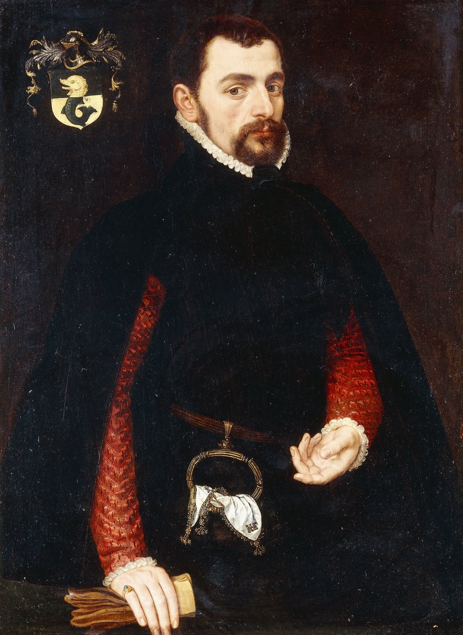 Porträtt av en gentleman 28 år, trekvartslängd, i en svart dubblett med röda ärmar och en svart cape, med en handväska och en näsduk broderad med initialerna "K, 1563 av Anthonis van Dashorst Mor