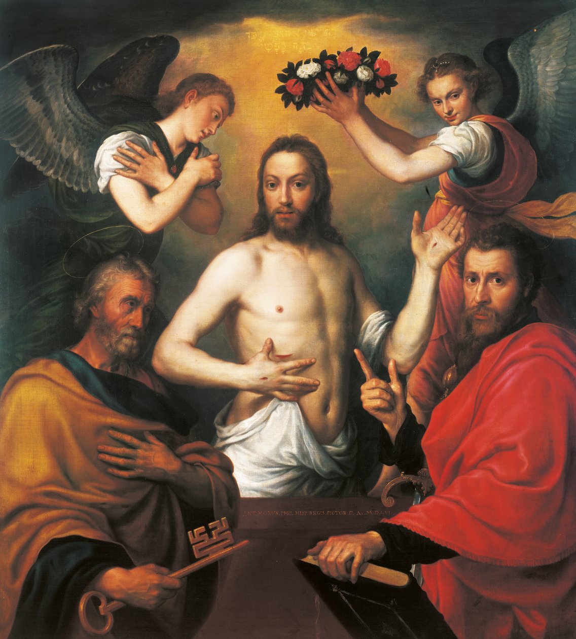 Den uppståndne Kristus med de heliga Petrus och Paulus av Anthonis van Dashorst Mor