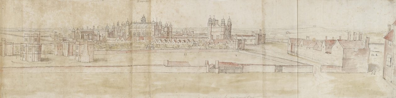 Hampton Court Palace från norr (penna och brunt bläck och akvarell över svaga markeringar i svart krita) av Anthonis van den Wyngaerde