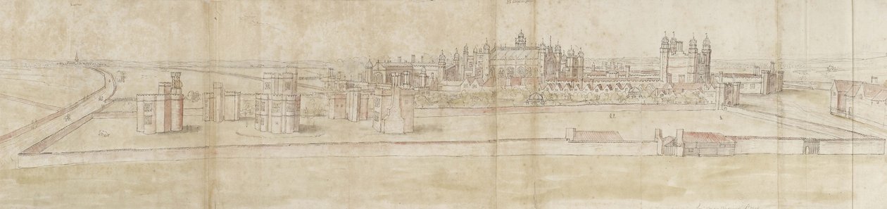 Hampton Court Palace från norr (penna och brunt bläck och akvarell över svaga markeringar i svart krita) av Anthonis van den Wyngaerde
