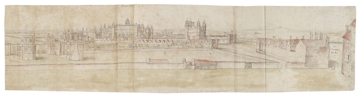 Hampton Court Palace från norr (penna och brunt bläck och akvarell över svaga markeringar i svart krita) av Anthonis van den Wyngaerde