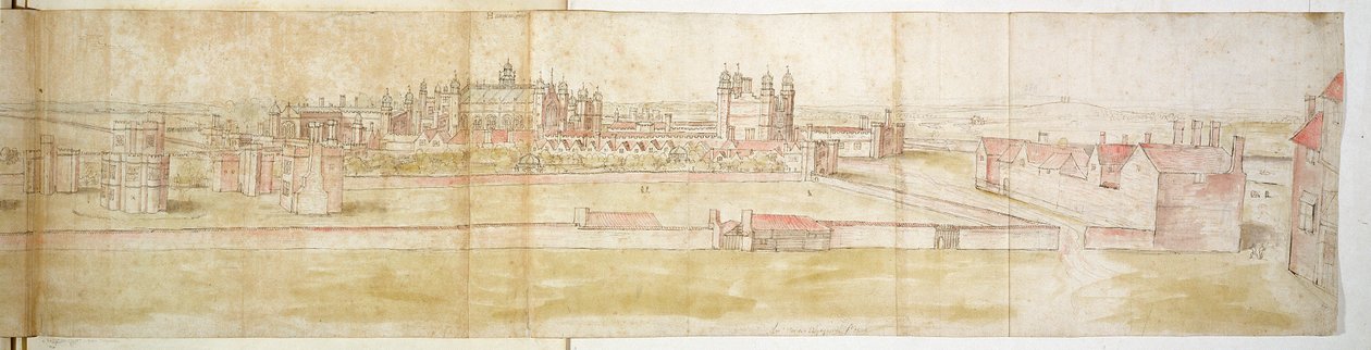 Hampton Court Palace från norr, ca 1544 (penna, bläck och wc på papper) av Anthonis van den Wyngaerde