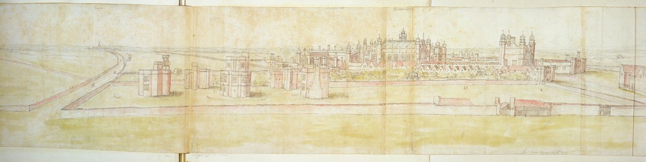 Hampton Court Palace från norr, ca 1544 (penna, bläck och wc på papper) av Anthonis van den Wyngaerde