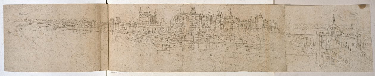 Hampton Court Palace från floden, ca 1544 (penna och bläck på papper) av Anthonis van den Wyngaerde