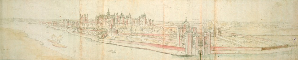 Hampton Court Palace från floden, ca 1544 (penna, bläck och wc på papper) av Anthonis van den Wyngaerde