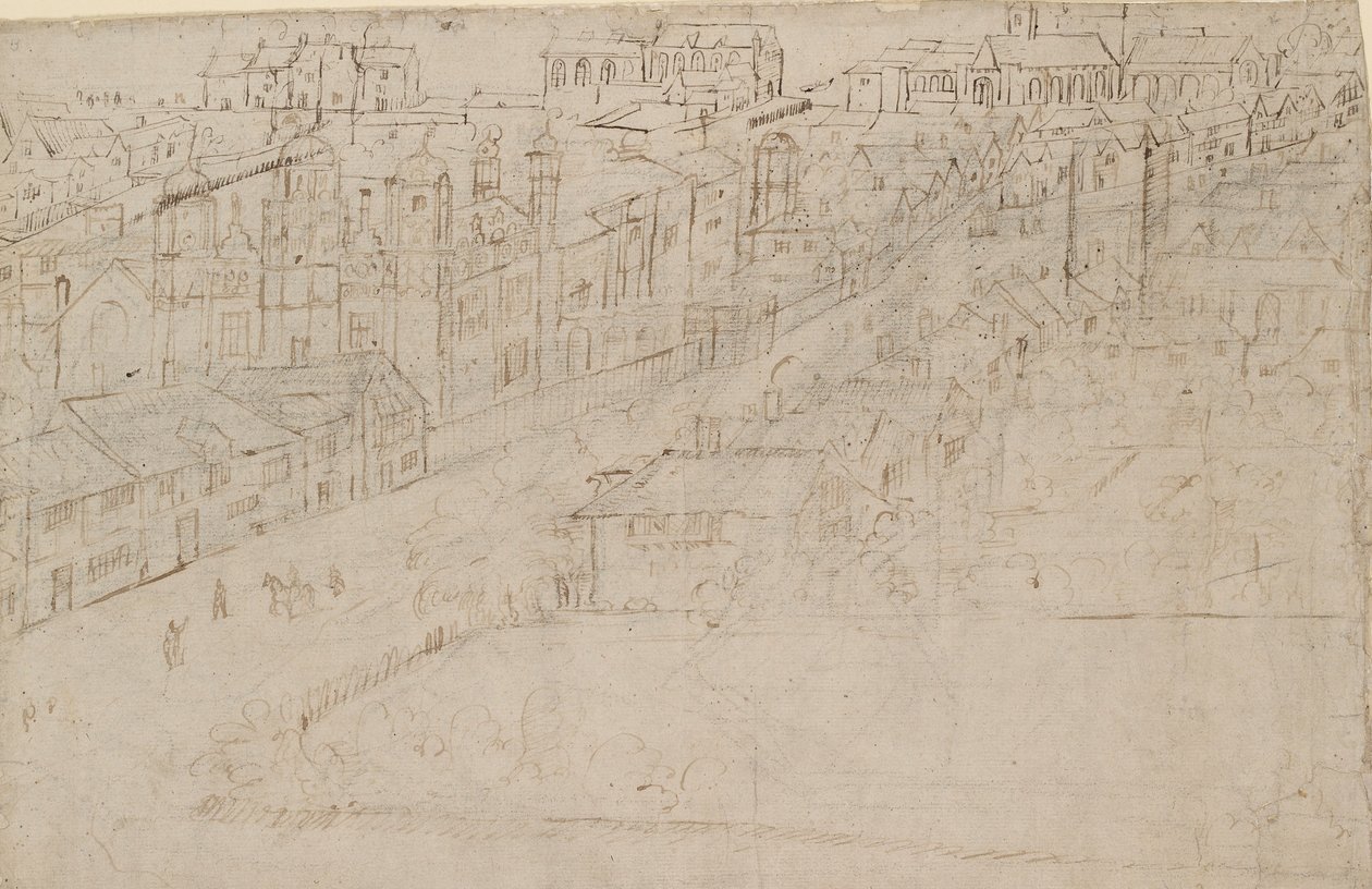 Panorama över London sett från Southwark: Borough High Street med St Mary Overy, 1554 av Anthonis van den Wyngaerde