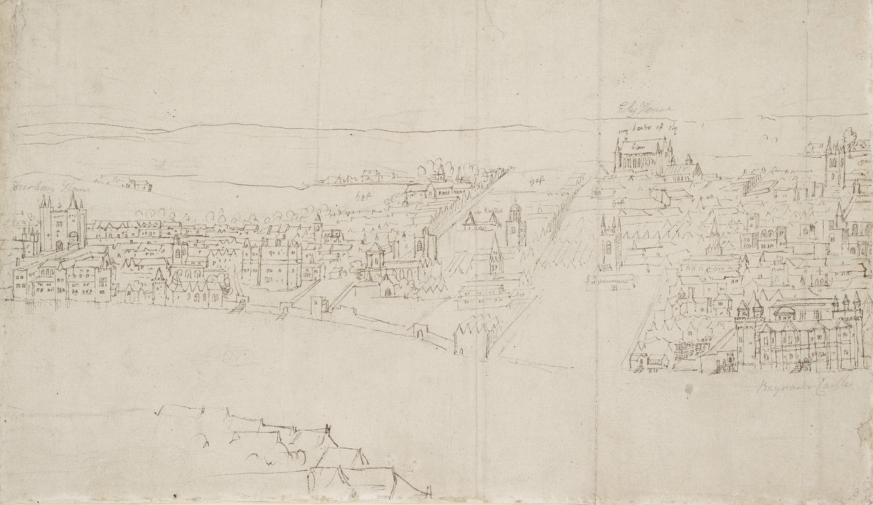 Panorama över London sett från Southwark: Durham House till Barnards Castle (penna och bläck över svart krita på papper) av Anthonis van den Wyngaerde