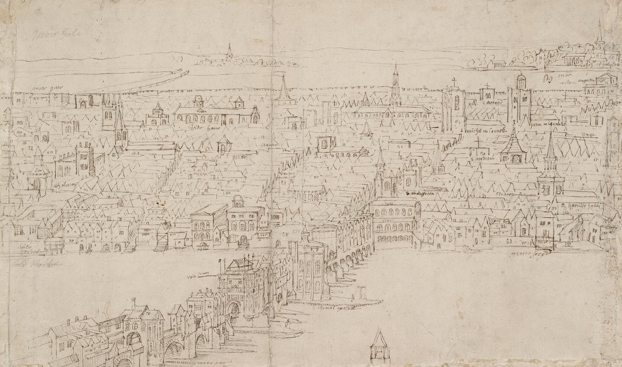 Panorama över London sett från Southwark: London Bridge, 1554 av Anthonis van den Wyngaerde