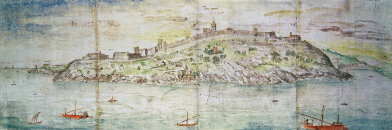 Panoramautsikt över Tarragona, Spanien (penna och bläck och wc på papper) av Anthonis van den Wyngaerde