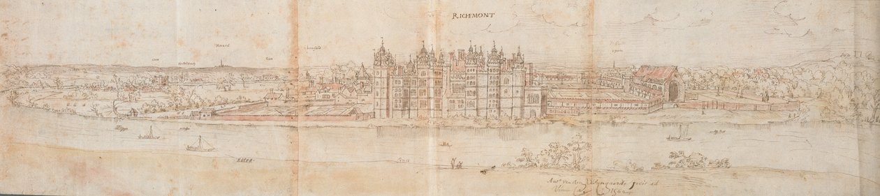 Richmond Palace från andra sidan Themsen, 1562 av Anthonis van den Wyngaerde