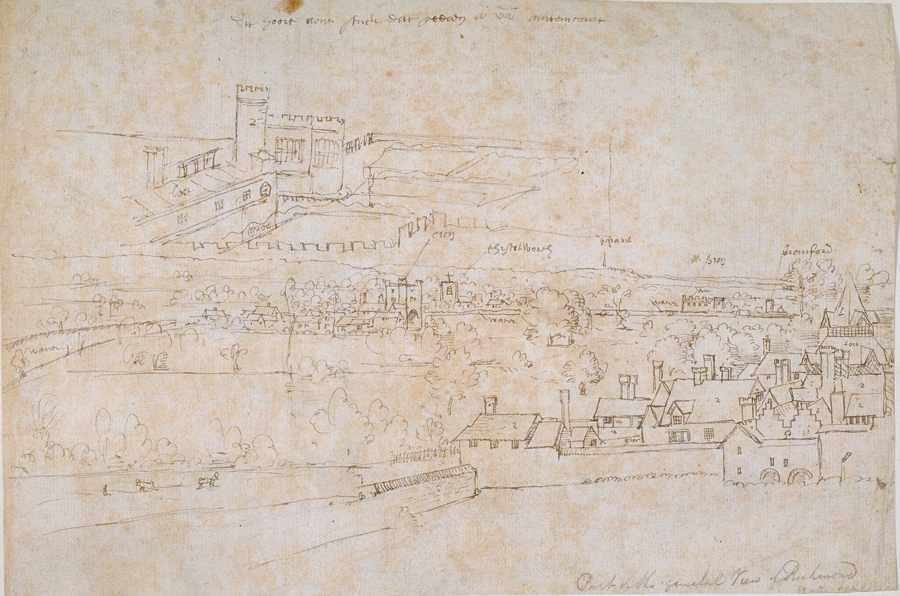 Ark med studier av Palaces of Hampton Court, Richmond och den omgivande landsbygden, c1560-talet. av Anthonis van den Wyngaerde