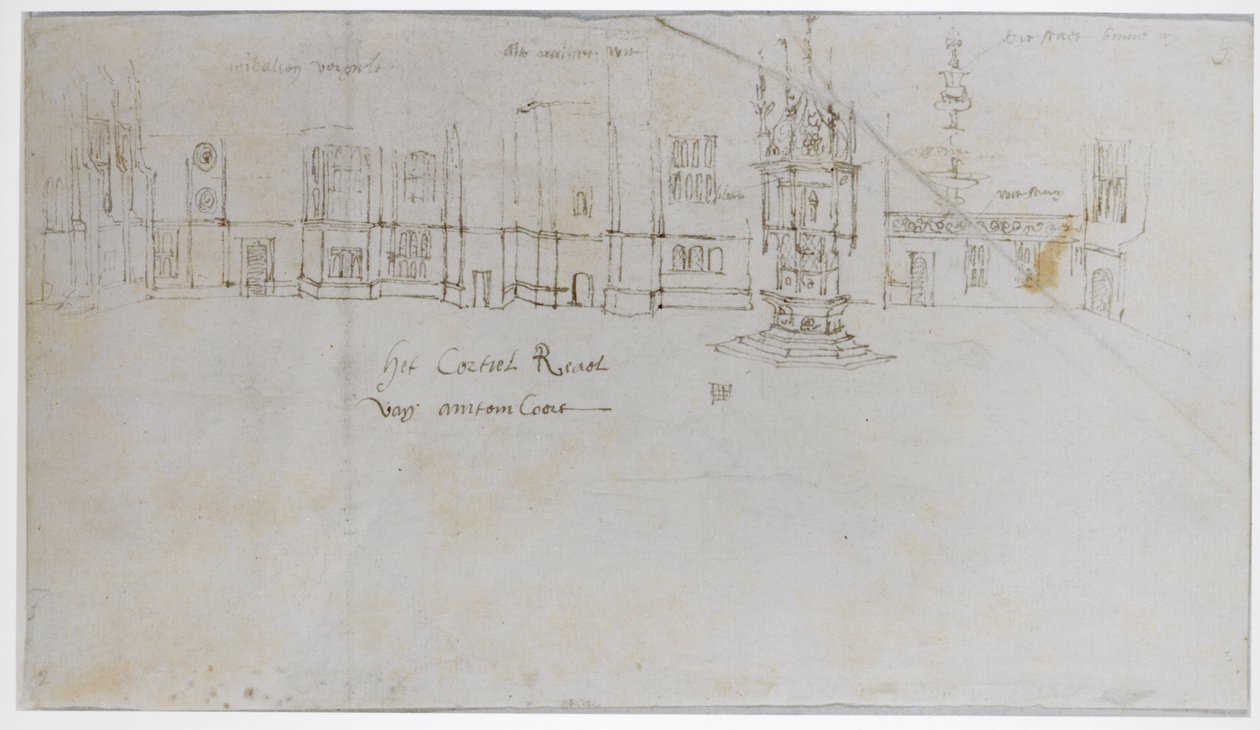 Fontänen, Hampton Court Palace, ca 1544 (penna, bläck och blyertspenna på papper) av Anthonis van den Wyngaerde