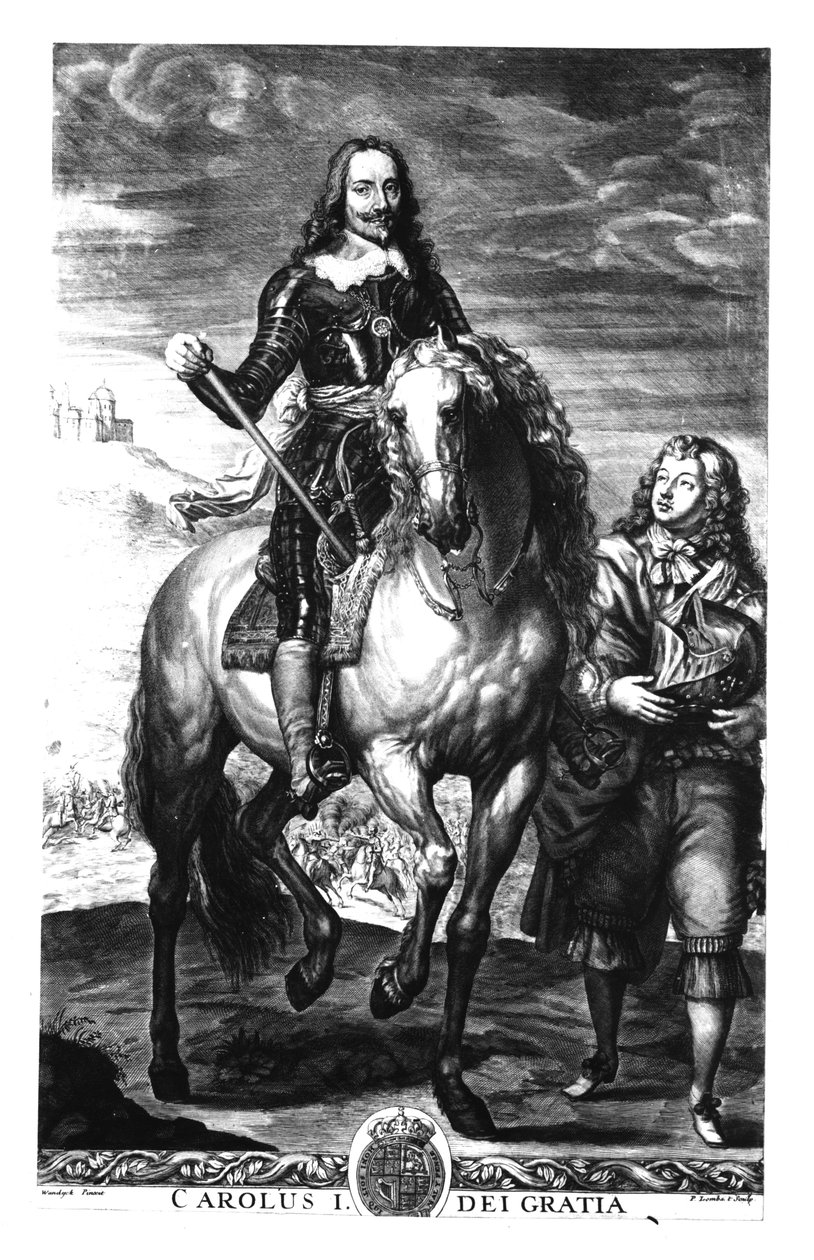 Ryttarporträtt av Charles I (1600-49), graverad av Pierre Lombart (1612-82) av Anthony van Dyck