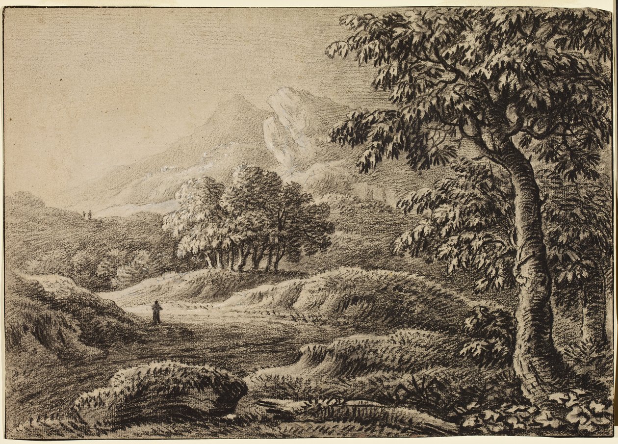 Landskap med snöklädda berg och tre figurer (kol på papper) av Anthony Devis