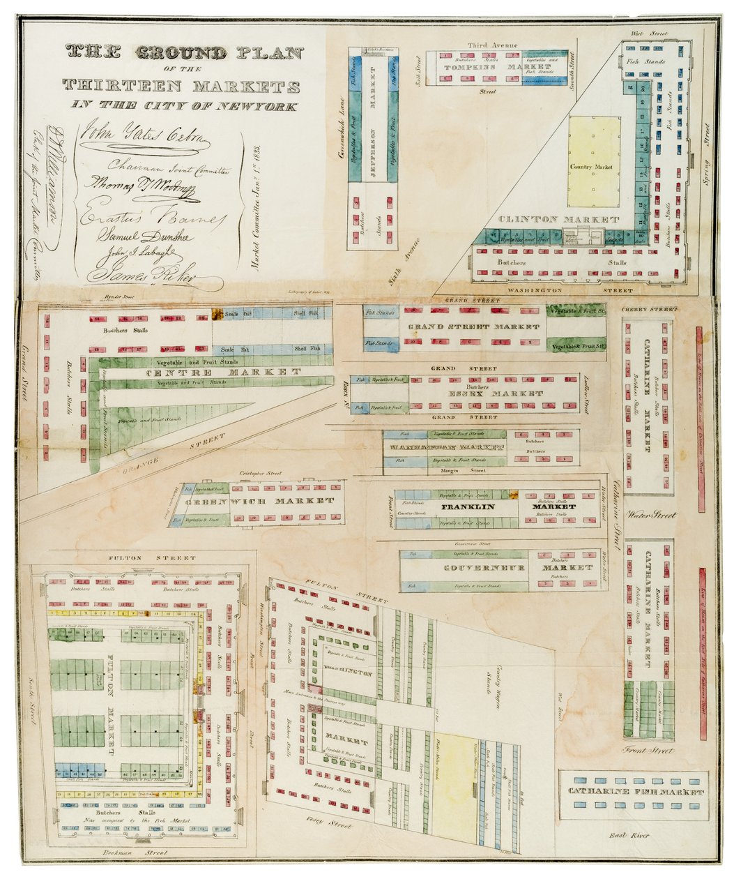 Grundplan för de tretton marknaderna i staden New York, 1833 (svart bläck, med färgtvätt, på papper) av Anthony Imbert