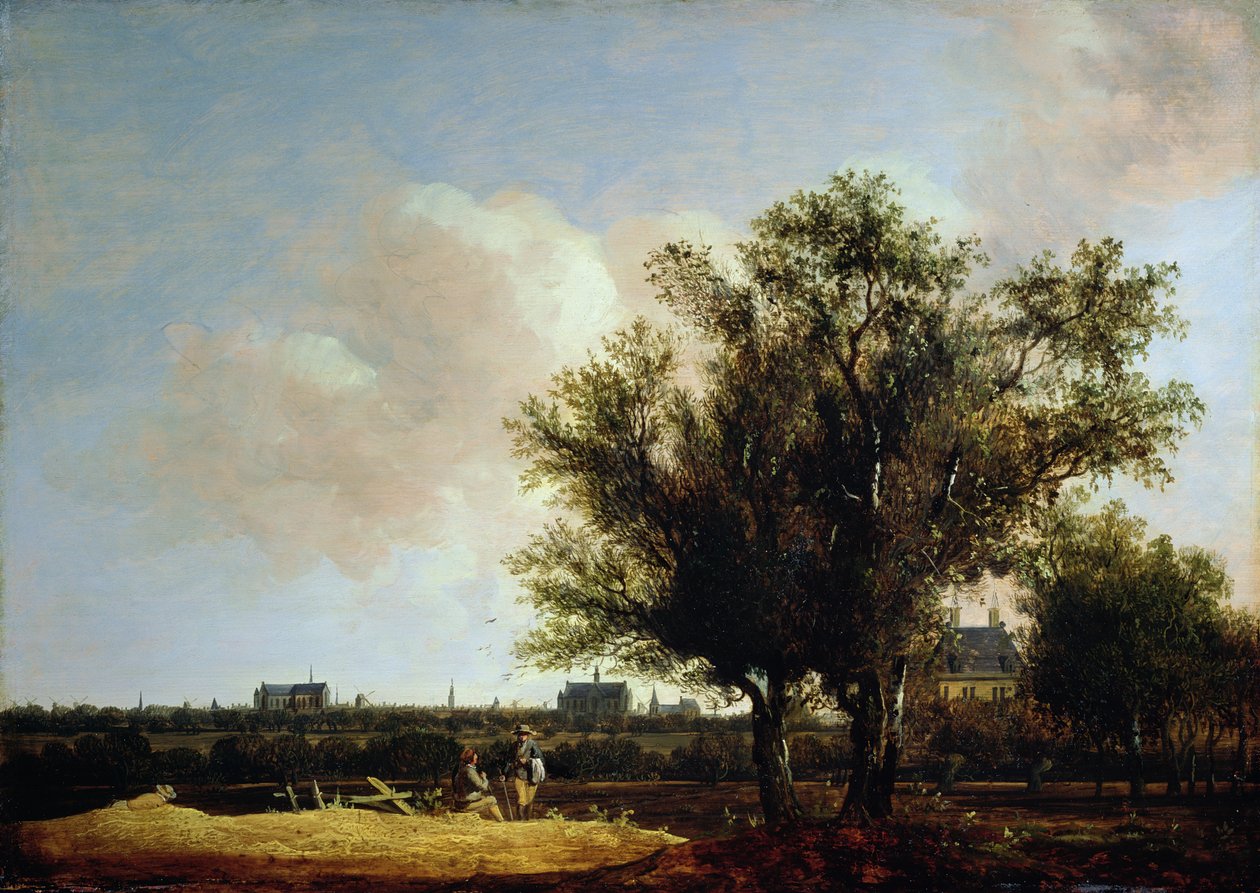 En vy över Leiden med vilande figurer i förgrunden av Anthony Jansz van der Croos