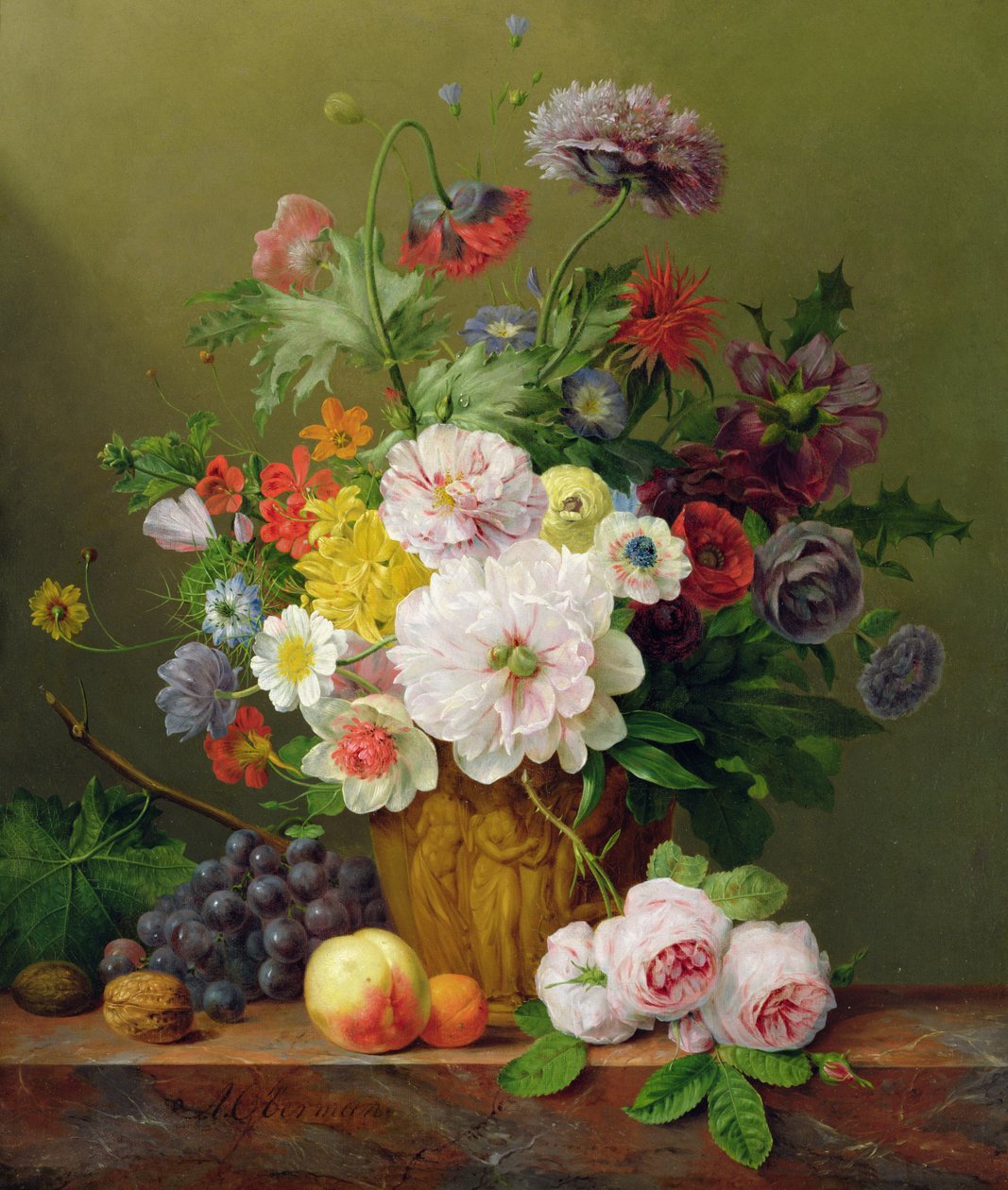 Stilleben med blommor och frukt av Anthony Obermann