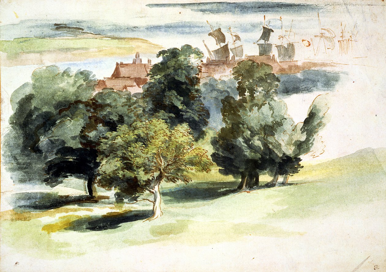 An English Landscape, c.1635-41 (wc, gouache och penna och bläck på papper) av Anthony van Dyck