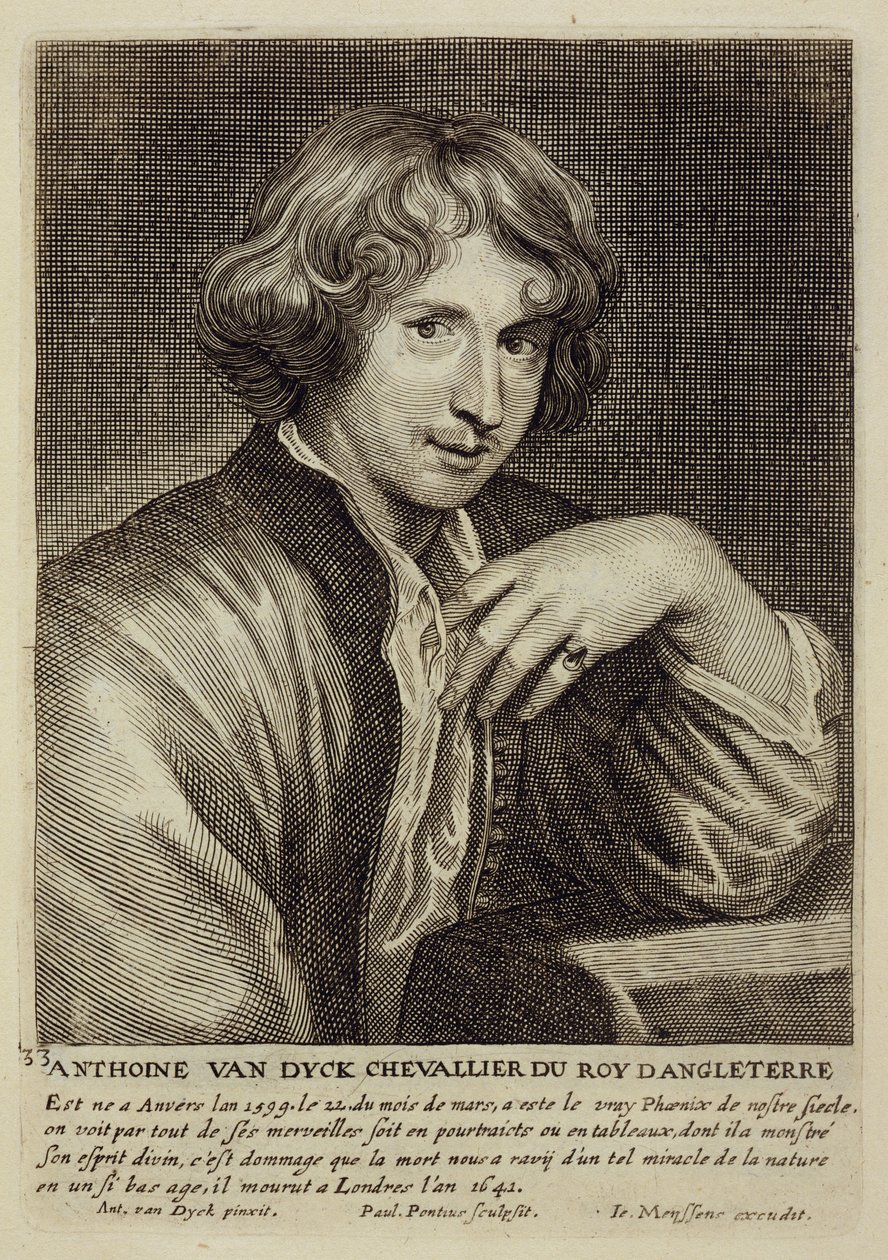 Självporträtt, skylt 33 från en serie porträtt av konstnärer, graverad av Paulus Pontius (1603-58) av Anthony van Dyck