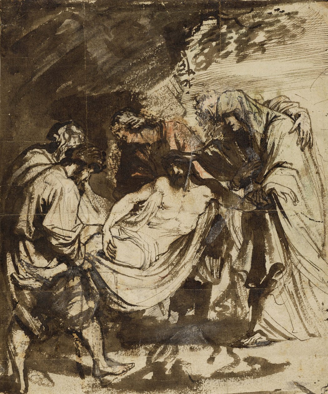 Entombment (recto) (1617-1618) (Svart krita, penna och brunt bläck, brunt och rödaktigt tvätt, röd och blå krita och vit gouacheförhöjning) av Anthony van Dyck