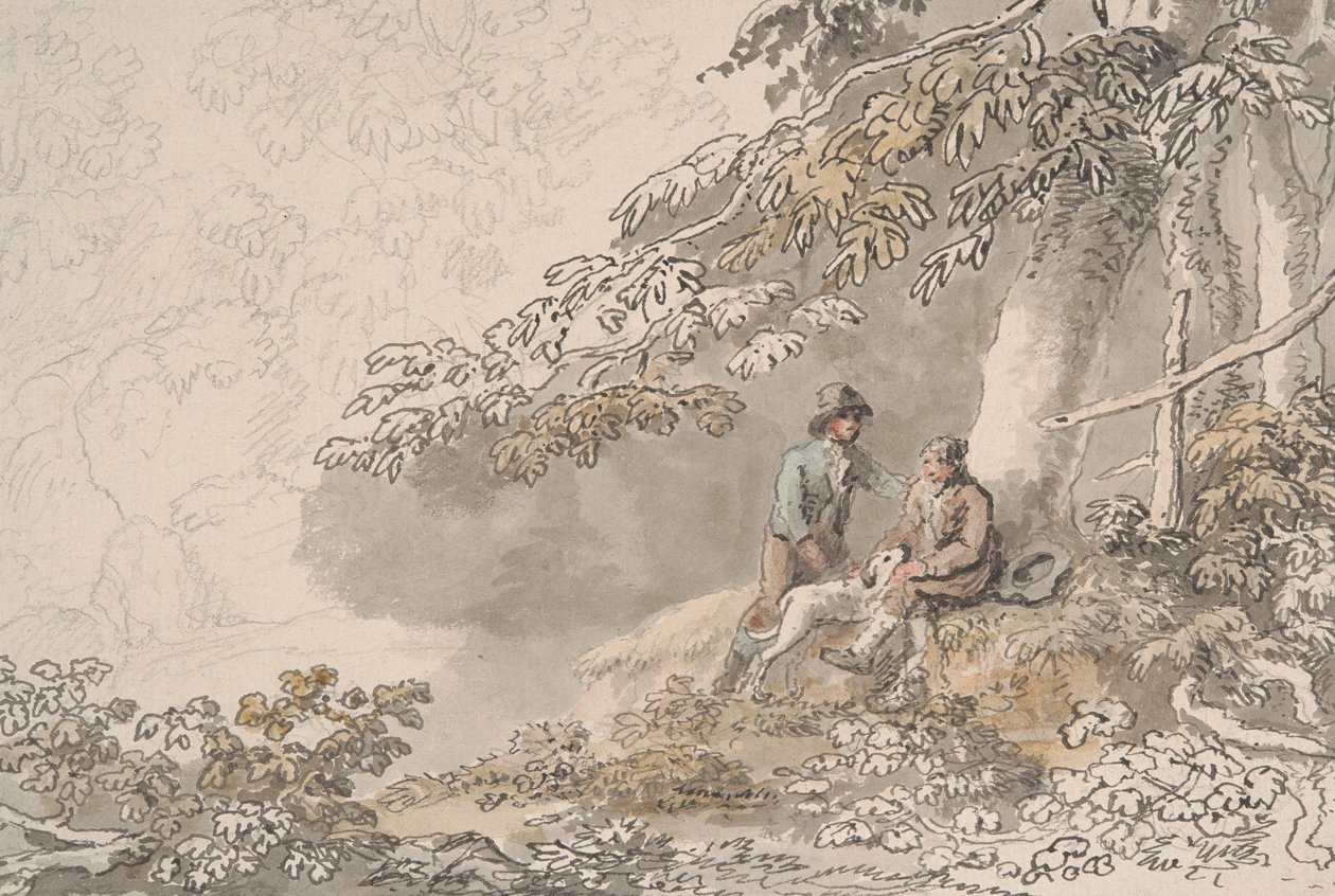 Två pojkar och en hund i skogen av Anthony Devis