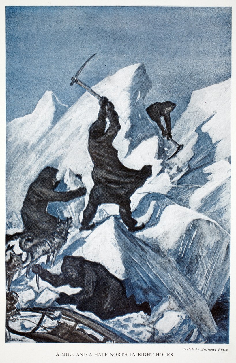 A Mile and a Half North in Eight Hours, pub. London 1907 (litho i färg) av Anthony Fiala