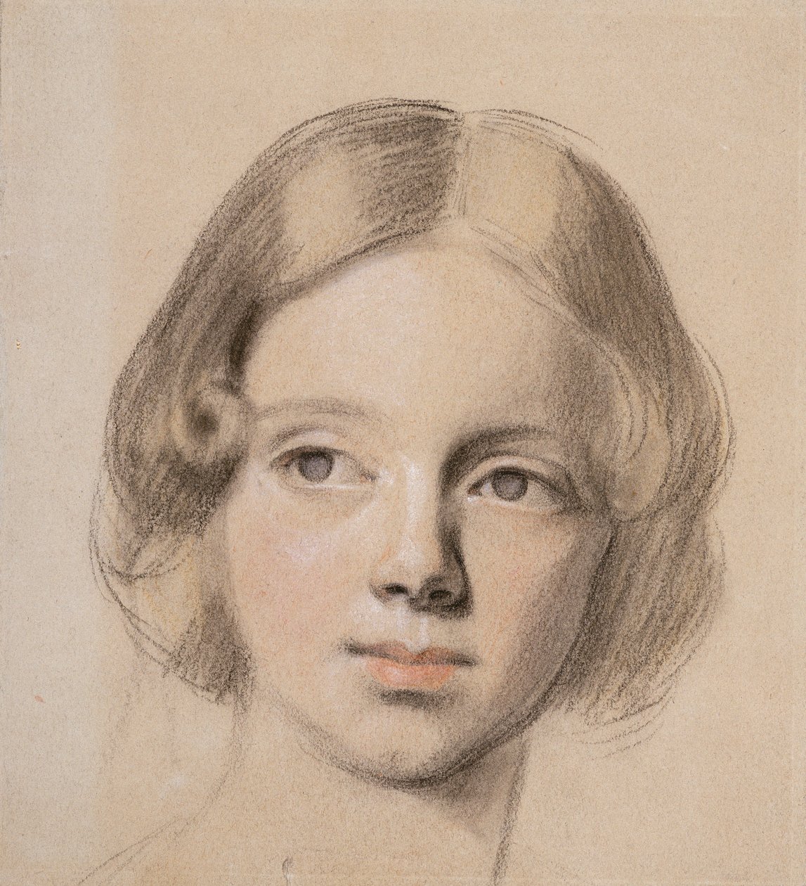 Head of Emma Sandys (färgad krita på buff papper) av Anthony Frederick Augustus Sandys