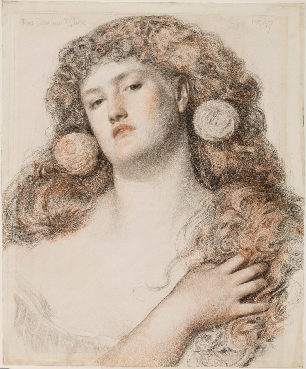 Röd ros och vit, 1867 (krita på papper) av Anthony Frederick Augustus Sandys
