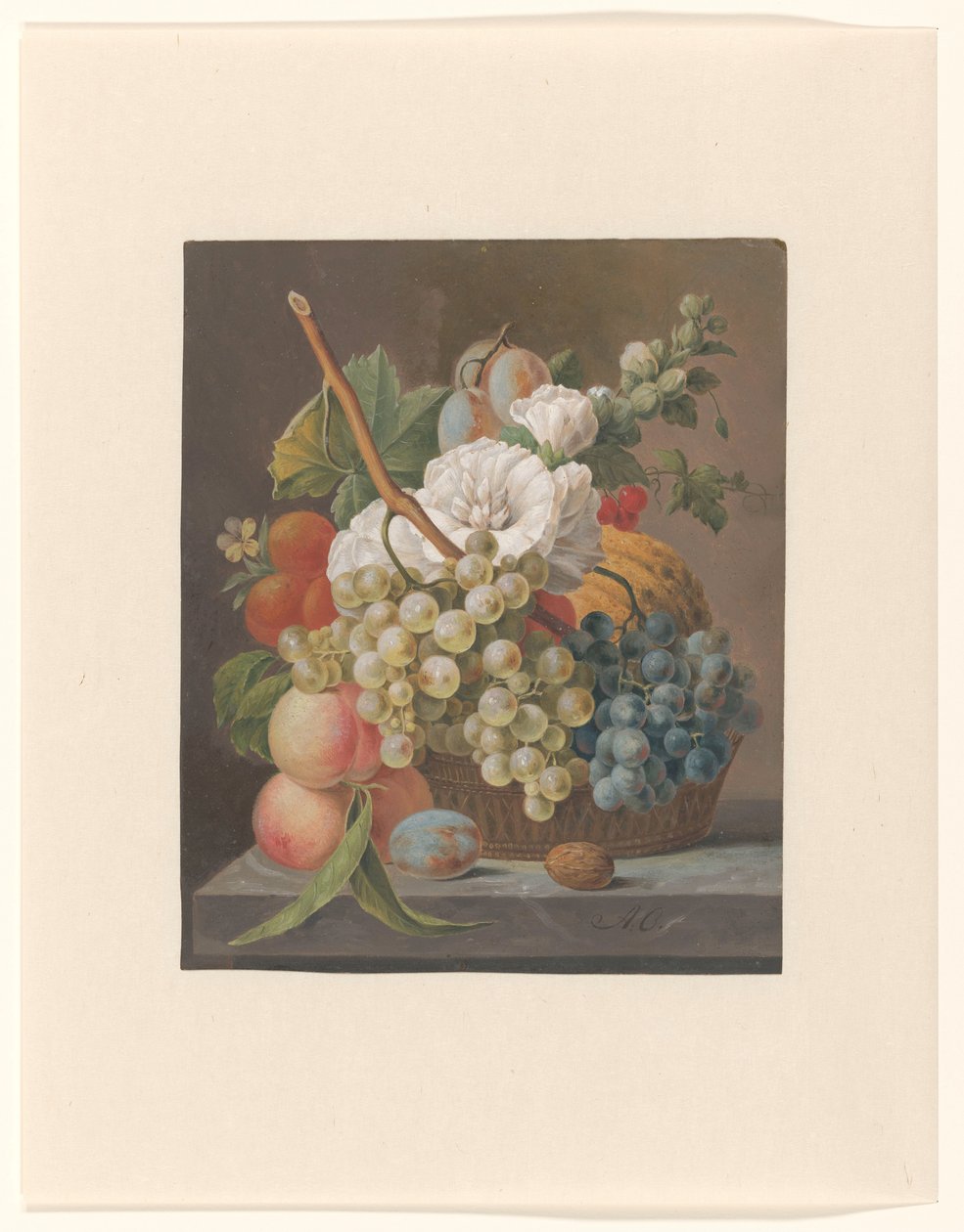 Stilleben med blommor och frukt i en korg av Anthony Oberman