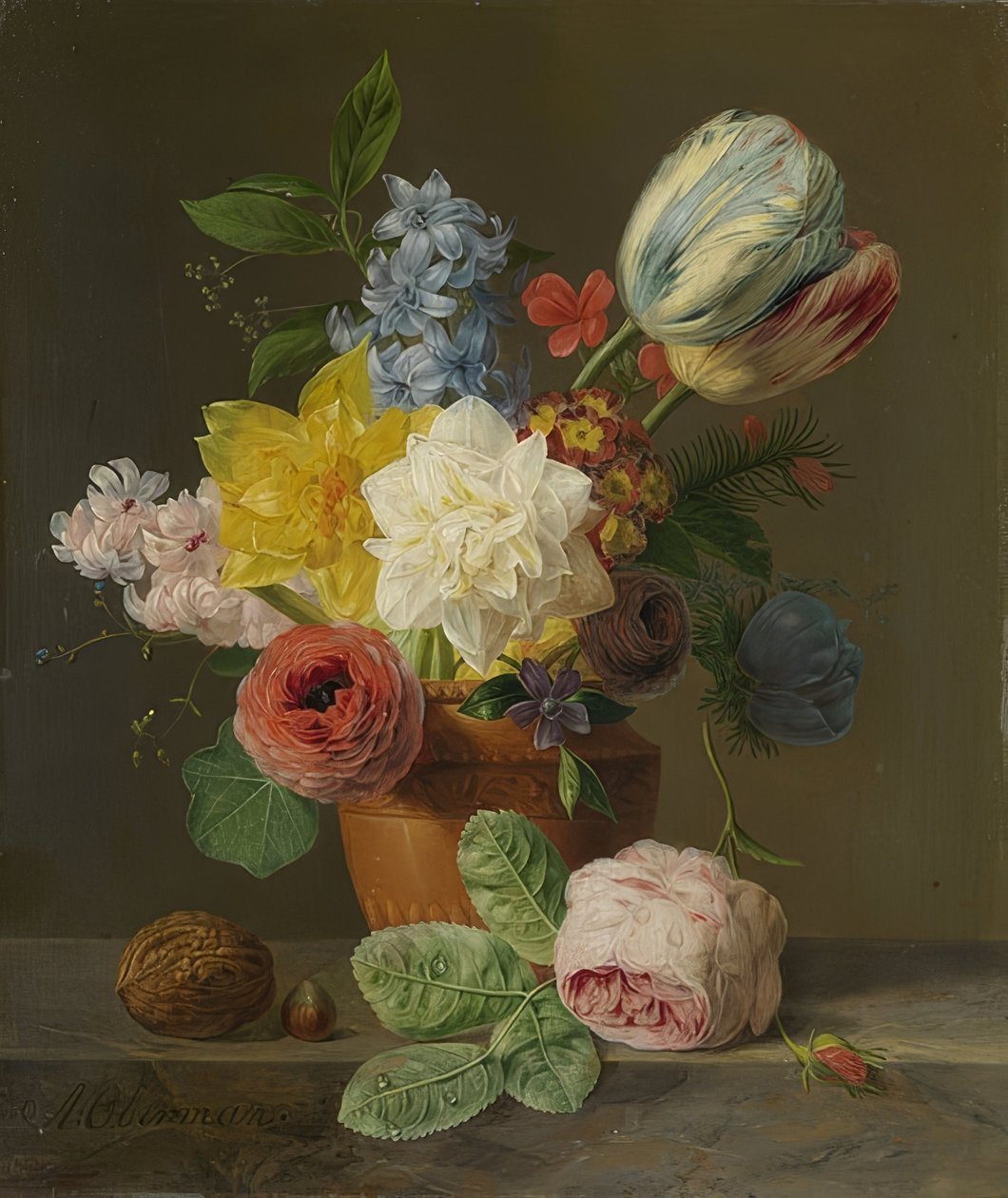 Stilleben med blommor och nötter. Omkring 1830 av Anthony Oberman