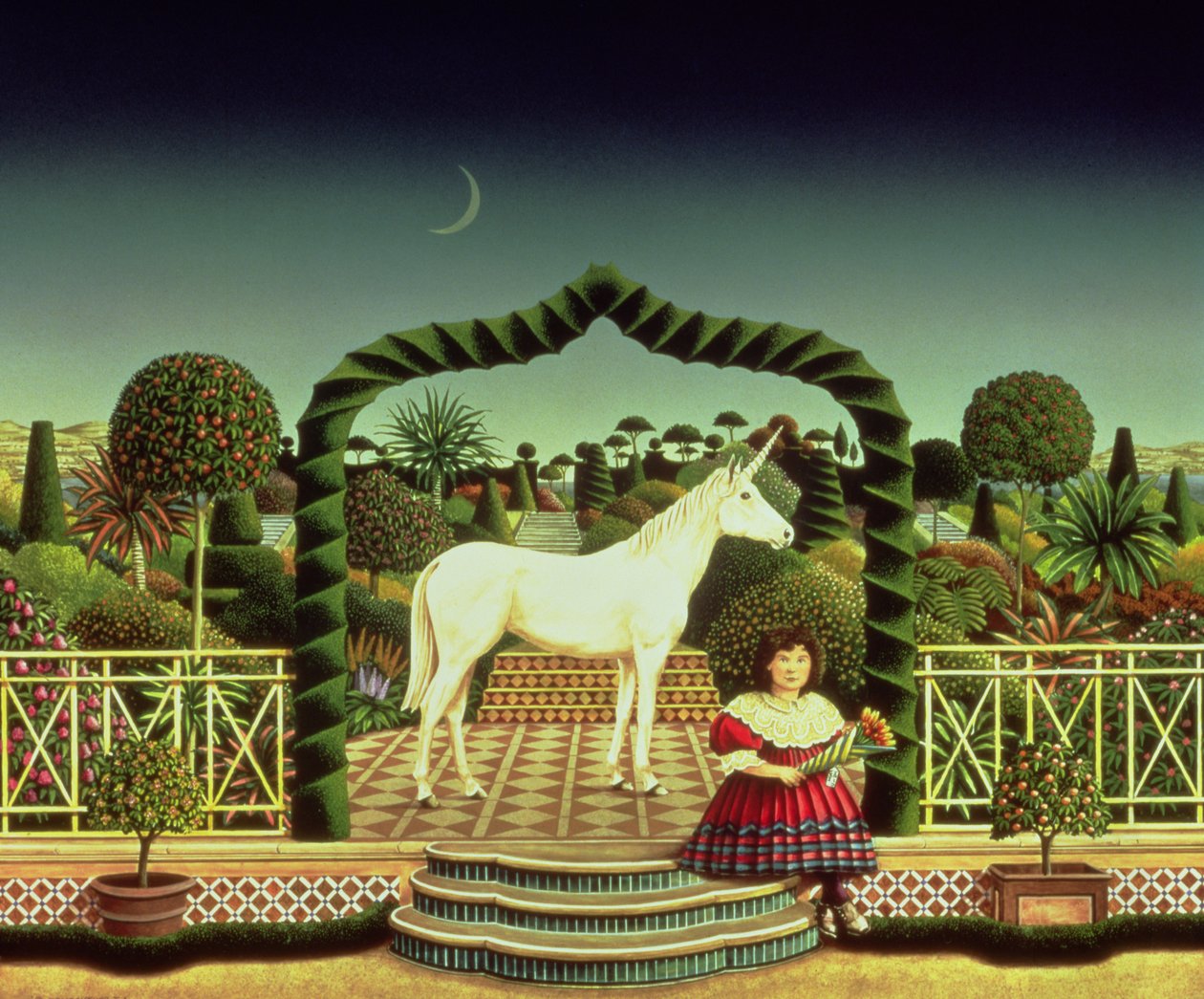 Girl with a Unicorn, 1980 (akryl ombord) av Anthony Southcombe