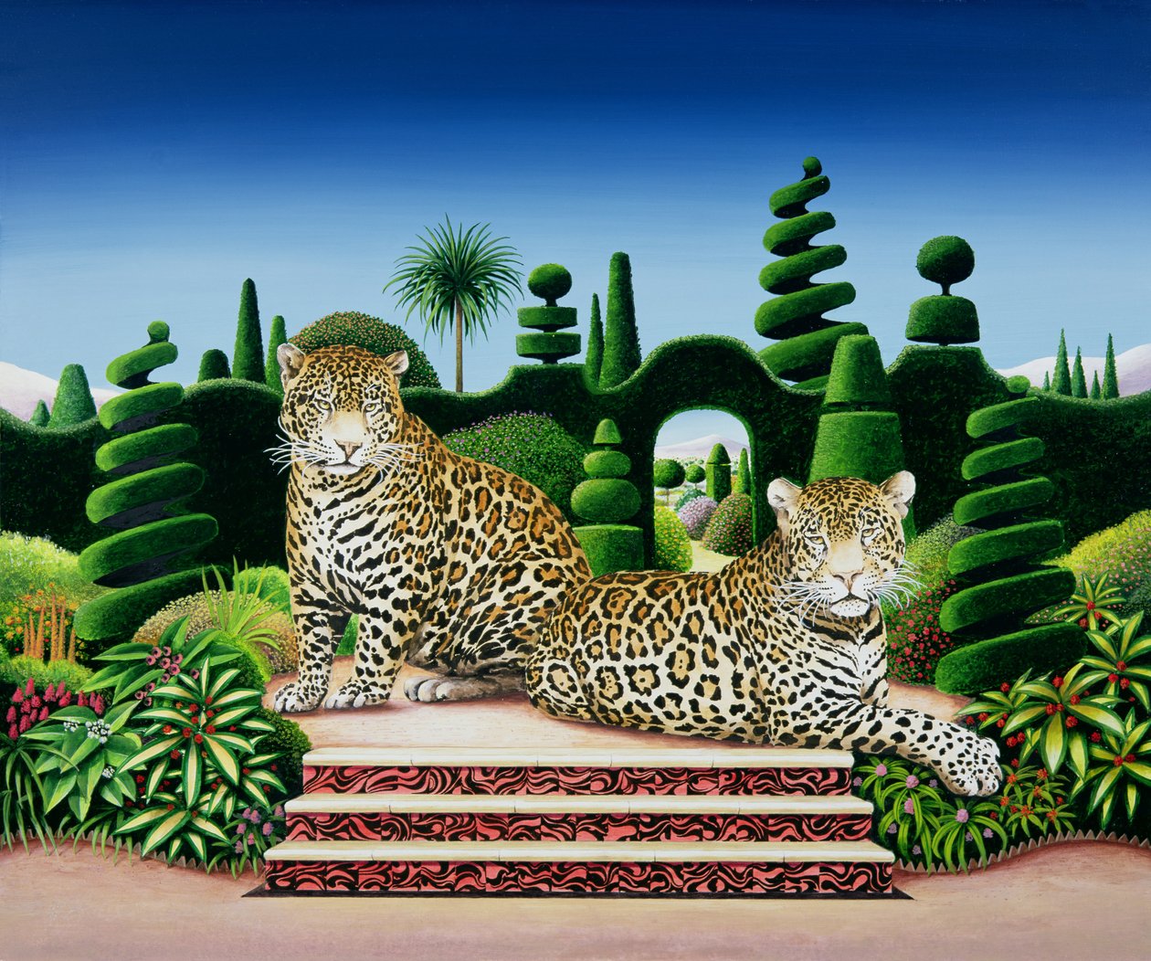 Jaguars in a Garden, 1986 (akryl ombord) av Anthony Southcombe