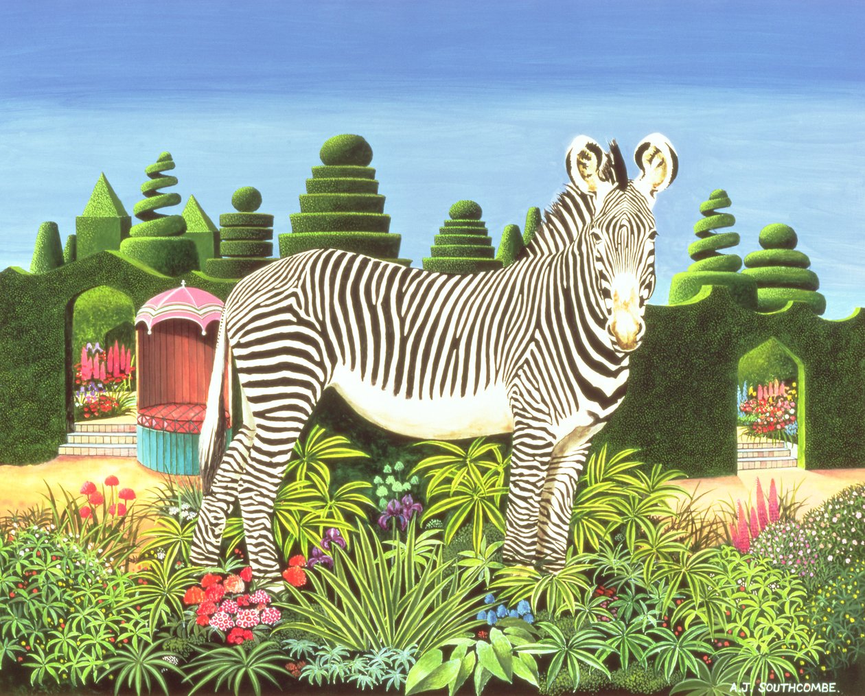 Zebra in a Garden, 1977 (akryl ombord) av Anthony Southcombe
