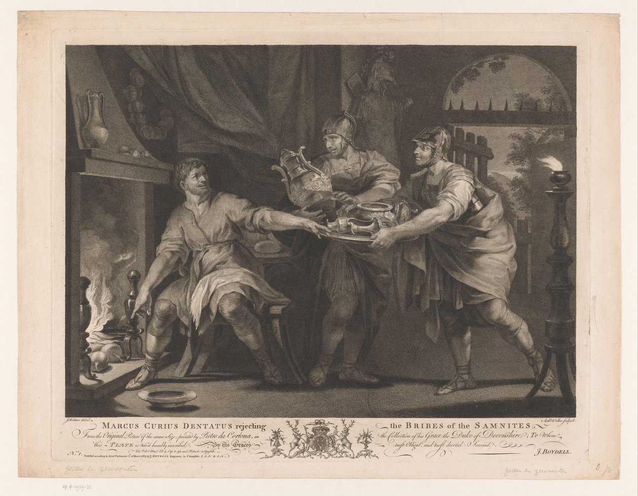 Manius Curius Dentatus vägrar samniternas gåvor Marcus Curius Dentatus avvisar Samniternas mutor (titel på objekt) 1600-talsmålningar från Devonshire-samlingen (serietitel) av Anthony Walker