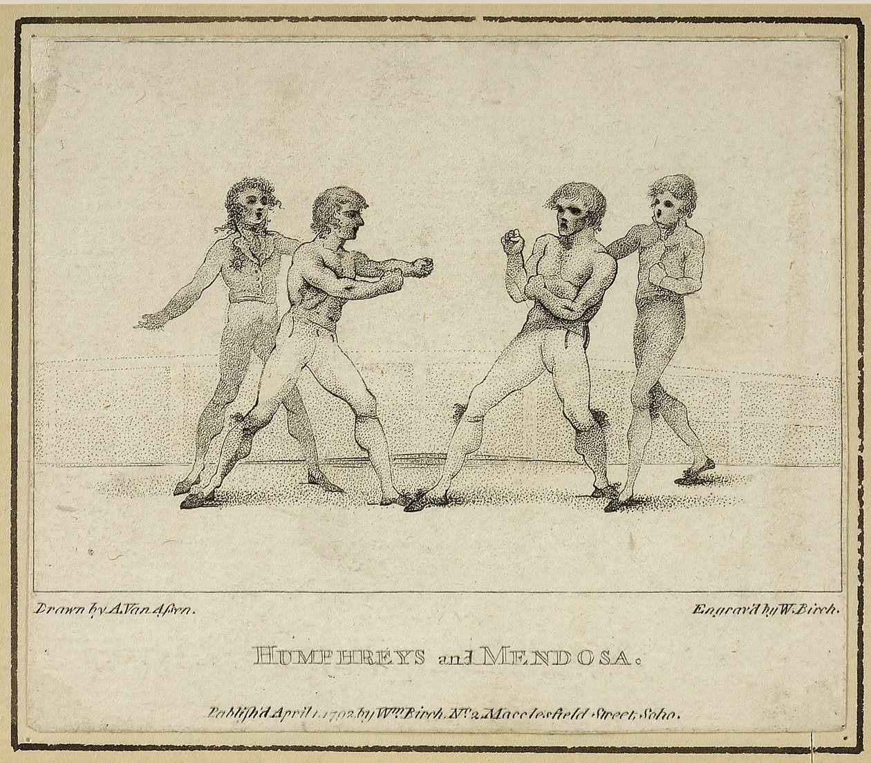 Humphreys och Mendoza, graverad av William Birch, publicerad 1792 (litho) av Anthony van (after) Assen