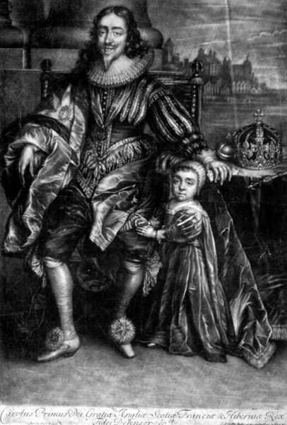 Karl I (1600-49) med en son (gravyr) av Anthony van (after) Dyck